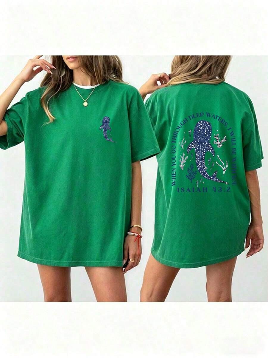 Women Loose Fit Round Neck Whale Slogan Contrast Color Graphic T-ShirtPrinted Round Neck Short Sleeve Women's Tee - Daily Casual, Sports & Fitness, Al - 綠色 - 查看 1