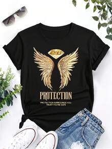 Women's Short-Sleeved Cotton T-Shirt, Y2K Style With Angel Wing Print And Protection Slogan, Round Neck - Soft, Micro-Stretch And Non-See-Through Fabric, Machine Washable, Casual Short-Sleeved Top For Casual Outfits, All-Season Fashion, Bold Graphic T-Shirt, Easy Care Clothing, Relaxed Fit, Retro Style, Comfortable Fit, Printed T-Shirt, For Fashion Lovers. - 黑色 - 查看 6