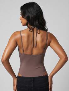 Women's Tight Thong Bodysuit Elegant Lace Patchwork Sleeveless Spaghetti Strap Backless Romper - Marrón - Ver 6