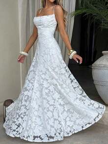 Vestido de verano sexy y elegante para mujer de Unadoll, con cinturón de cordón en la cintura y diseño sin espalda, hecho de tela jacquard, adecuado para vacaciones, playa, citas, vuelta al colegio, bodas, fiestas y otras ocasiones - Blanco 2 - Ver 8