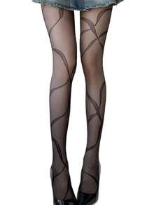 1pc Jacquard Pantyhose For Women, Thin Black Stockings With Criss-Cross Straps, Lightweight For Spring/Summer - Black - View 10