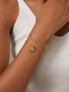 Set Gelang Wanita 3 Buah, Gaya Pantai Musim Panas Bohemian, Termasuk Rantai Dasar Berlapis Emas, Rantai Curb, Rantai Manik-Manik, Rantai Paperclip, Liontin Gurita Zirkonia Tembaga, Gelang Tumpuk Berlapis-lapis, Hadiah Perhiasan Seri Lautan - Yellow Gold - View 4