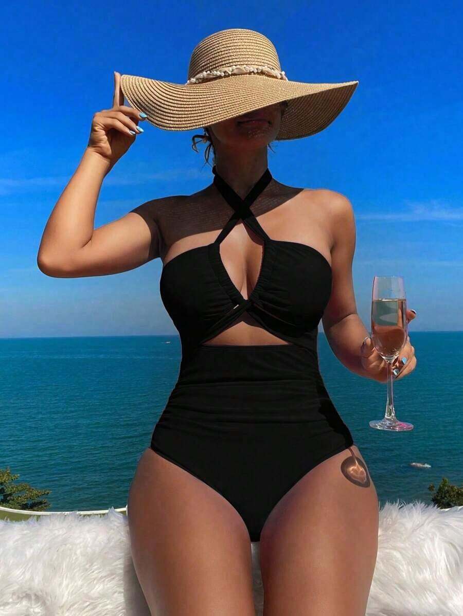 Traje de baño de una pieza con cuello cruzado y unicolor para mujer de playa de verano - Negro - Ver 1