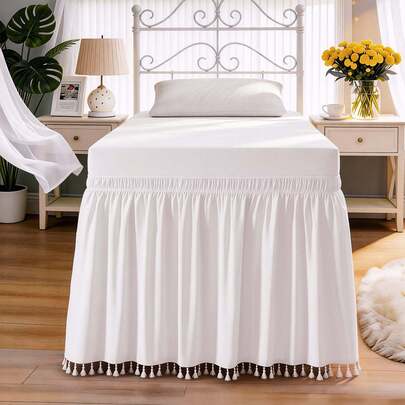 1pc Dorm Bed Skirt With Small Tassels, Adjustable Elastic Band Design, Suitable For Dorm Bedding Set, Customizable Heights: 32", 36", 42", 50" Adjustable Bed Skirt And Box Spring Cover. Soft, Durable, Wrinkle-Resistant Fabric - Made Of Premium Microfiber, Dustproof Pleated Style, Fade-Resistant, Machine Washable.