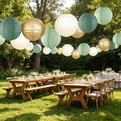 15Pcs Paper Lanterns Decorative, Round Hanging Paper Lanterns Decorations For Rustic Party Bridal Shower Wedding Sage Green Birthday Party Supplies Gold/Ivory/Sage Green