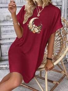 Verano suelto casual señoras vestido corto camiseta impresa con la luna y la flor impresiones - Rojo - Ver 1