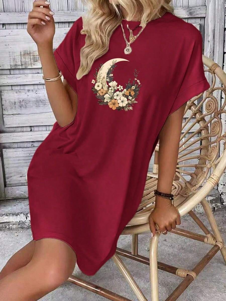 Verano suelto casual señoras vestido corto camiseta impresa con la luna y la flor impresiones - Rojo - Ver 1