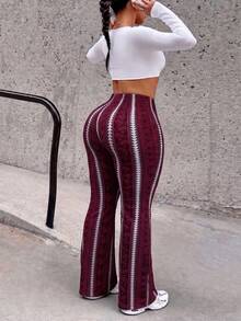 Women's Plus Size Black & Grey Paisley Striped High Waist Flare Leggings, Y2K Streetwear Trousers, Sexy Daily Outfits - Màu Đỏ Sâu - Xem 6