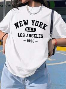 Camiseta Casual de Mujer con Estampado Gráfico de Nueva York, Cuello Redondo y Manga Corta, Corte Regular, de Poliéster con Ligera Elasticidad para Estilo Urbano - Azul y blanco - Ver 10