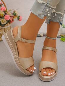 Damen Sommer Neue Plateau Sandalen mit Schlangenmuster, goldene vielseitige Keilsandalen mit Riemen - Gold - Übersicht 4
