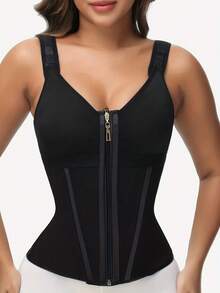 1pc Of Women'S High-Elastic Mesh Shapewear Top, , Solid Color Corset, Tummy Control Waist Trainer Vest, Waist Trainer, Zipper Design, Colombian Shapewear, Suitable For Daily Use And Various Occasions, Training Or Sports - 黑色 - 查看 5