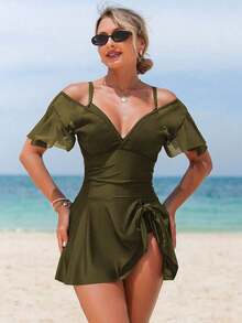 Vestido de traje de baño de una pieza con cuello en V, mangas con volantes, parches de malla y unicolor, nuevo lanzamiento de verano para mujeres - Verde militar - Ver 3