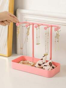 Soporte de exhibición de joyería colgante de sobremesa, bandeja de almacenamiento de aretes, collares y pulseras, organizador de accesorios para el cabello como cadenas y anillos, de metal y madera - Negro - Ver 17