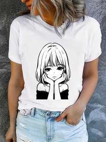 1 Women's Summer Short Sleeve T-Shirt With Print, Modern And Casual, Machine Washable, Comfortable Fit, 2D Flat Print, 180g, 100% Cotton. - 白色_03 - 查看 12