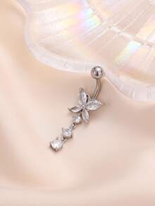 1pc Sparkling Micro-Inlaid Zirconia Butterfly Navel Ring, Zirconia Animal Navel Piercing Jewelry For Women - Silver - View 6
