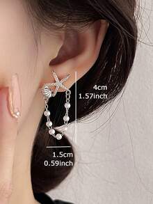 1 par de pendientes con colgante de estrella de mar y concha, perla falsa y borla, con vibra oceánica, adecuado para vacaciones, fiestas y reuniones - Plateado - Ver 3