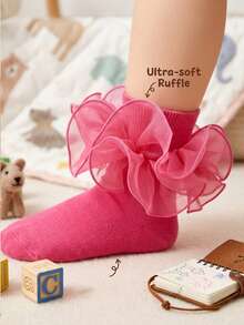1 Pair Girls' Socks With Ruffle Floral Trim, Princess Baby Socks - Hot Pink - View 3