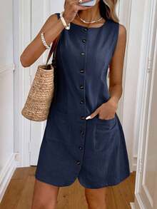 Vestido casual de botones con bolsillo, vestidos de verano para mujer, atuendos de vacaciones para mujer, atuendos de negocios casuales para mujer, vestidos elegantes para mujer, ropa de verano para mujer, ropa de trabajo para mujer, atuendos de of - Azul - Ver 6