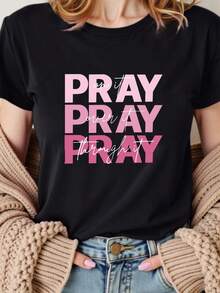 Camiseta Casual de Manga Corta para Mujer con Estampado de la Palabra "pray", Cuello Redondo, Talla Estándar, Ropa de Mujer, 100% Algodón. - Negro - Ver 12