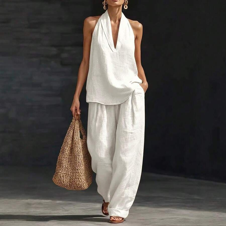 Women's Plus Size Two-Piece Suit With V-Neck And Straps, Made Of A Linen And Cotton Blend, Ideal For The Office And Summer, Current Fashion - 白色 - 查看 1