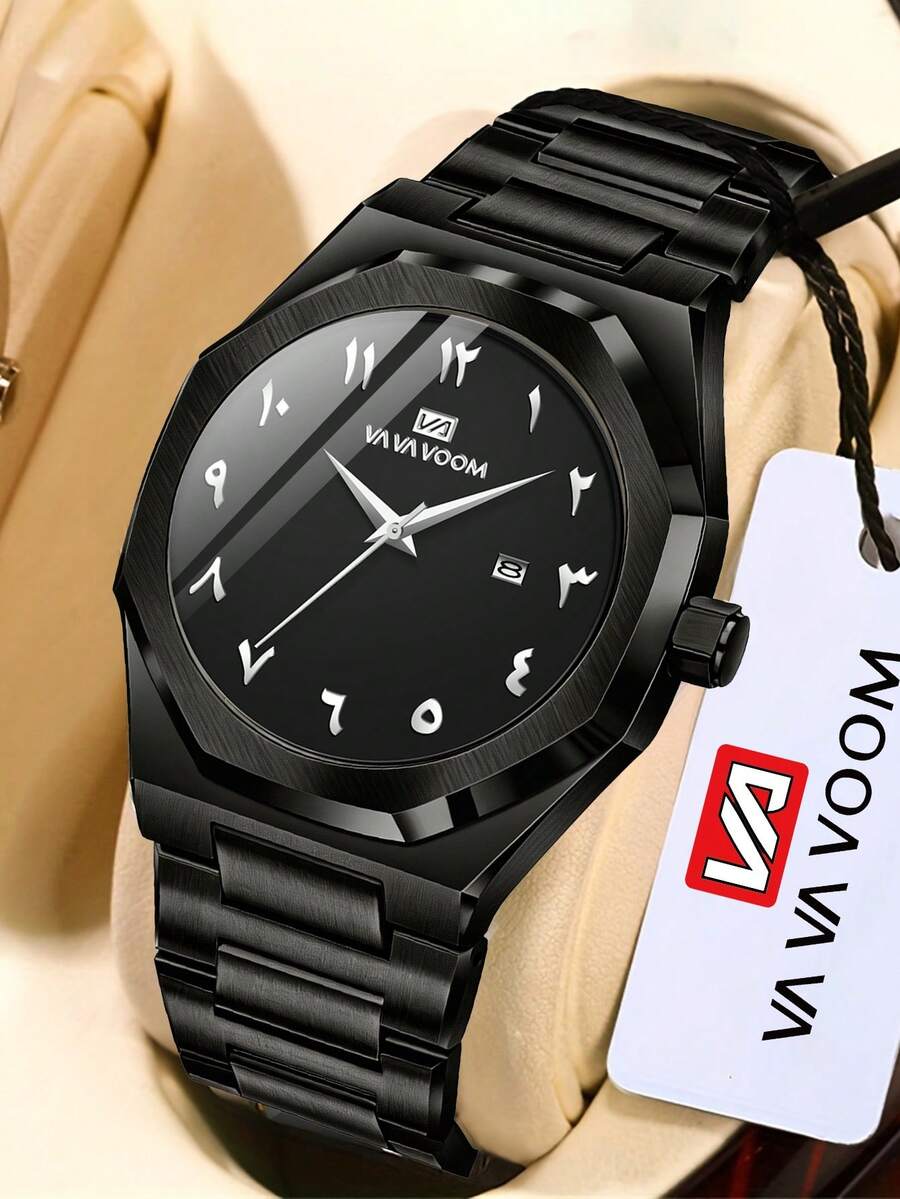 Đồng hồ VA VA VOOM 1 chiếc màu đen, mặt số Ả Rập, thép không gỉ, dành cho nam, lịch đa năng, phong cách công sở thường ngày, đồng hồ thạch anh đơn giản. - Kiểu thép không gỉ - Xem 1