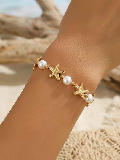 1pc Adorable Starfish Beaded Bracelet, Fashionable Vacation Style Hand Jewelry Suitable For Women's Daily Commute Decoration And Beach Party Wear
