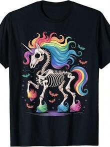 [Camiseta Vintage de Unicornio] Camiseta de hombre 100% algodón con diseño gráfico de esqueleto de unicornio y arcoíris de estilo vintage |   Manga corta, cuello redondo, 180g, ropa casual colorida de Halloween, lavable a máquina, regalos de unicornio - Blanco - Ver 1