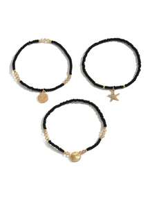 3pcs Fashionable Elegant Rice Bead Anklets, Colorful Beads, Starfish And Shell Charms, Stretchy Multi-Layer Beaded Anklets, Summer Beach Vacation Style, Daily And Holiday Accessories, Suitable For All Seasons (Bead Color Quantity Order Random) - JL04 Black - View 4