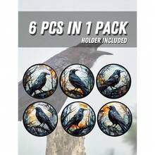 6pcs Absorbent Crow Coaster Set, Colorful Glass Style Crow Print Ceramic Coasters, Non-Slip Cork Base, Perfect For Gothic Home Decor And Housewarming Gifts - Black - View 1