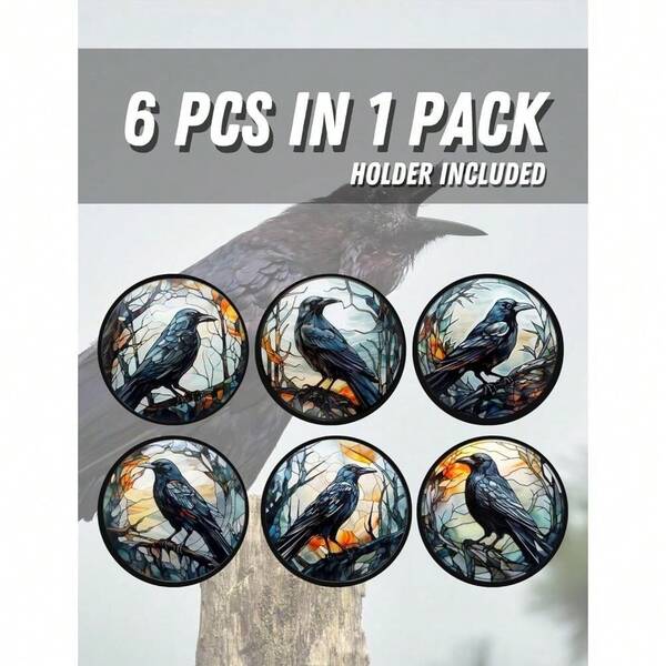 6pcs Absorbent Crow Coaster Set, Colorful Glass Style Crow Print Ceramic Coasters, Non-Slip Cork Base, Perfect For Gothic Home Decor And Housewarming Gifts