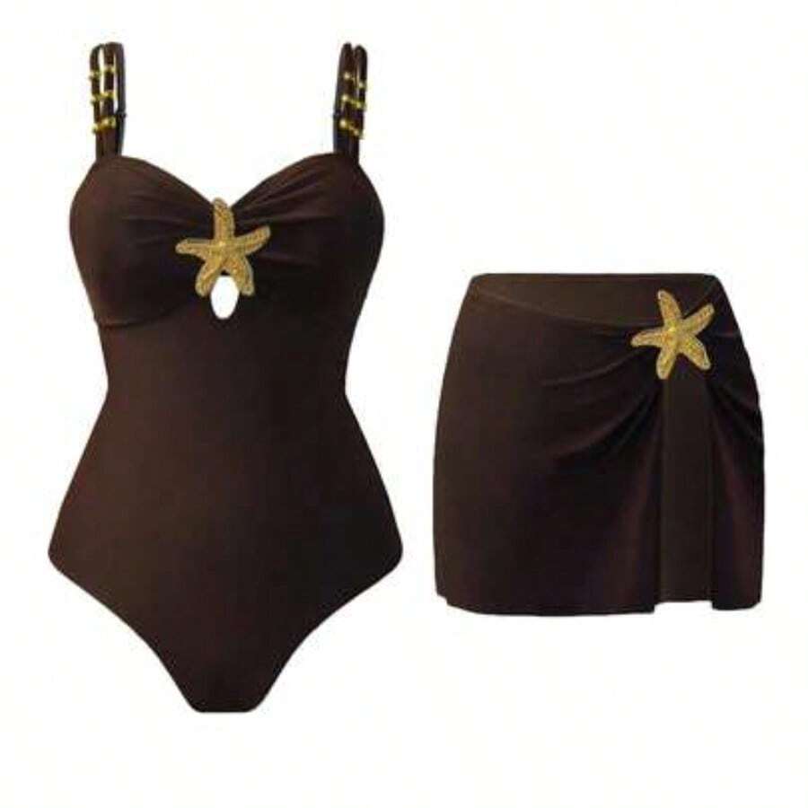 Swim Oasis 2pc Women's Cute Pentagram Decor Casual Vacation One-Piece Swimsuit Women's Swimwear Women's Swimsuits Tummy Control Women's Swimsuit 2 Pieces Pool Party Outfit For Women Swimsuit With Skirt - Café integral - Ver 1