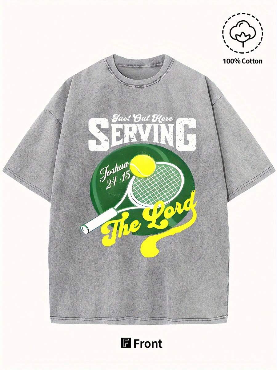 Retro Graphic Tennis T-Shirt, 100% Washed Cotton, Breathable And Machine Washable - Vintage "First Out Here Serving" Print With Tennis Racket And Ball Design, Ribbed Collar, Loose Fit, Casual Sports T-Shirt For All Seasons Comfort, Sporty Style, Athletic Aesthetic, Comfortable Material, Short Sleeve T-Shirt, For Streetwear Lovers - 淺灰色 - 查看 1