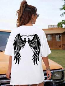 Camisetas de manga corta para mujer Dark Angel Wing, camisetas estampadas con gráficos en oferta para mujer, ropa de estilo hip hop, camisetas de manga corta 100% algodón. - Blanco - Ver 1
