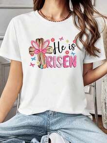 Camiseta Vintage [con temática festiva] de Pascua con estampado de diseño creativo, textura de retazos a cuadros y lunares, lazo y orejas de conejo "Él ha resucitado", cuello redondo para mujer, primavera-verano, informal para el día a día, versátil, regalo para fiestas, compras, reuniones, salidas, a la moda, elegante, retro, conjuntos de primavera Y2Y para mujer, blusas, tops para mujer. |   Diseño exquisito |   Suelto y cómodo |   Fácil de combinar | - Blanco - Ver 1