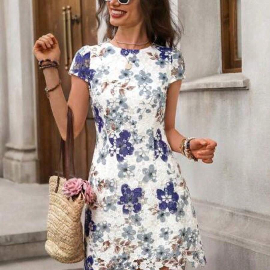 Women's Lace & Ditsy Floral Asymmetrical Hem Romantic Short Sleeve Dress Summer Dresses For Women  Dresses For Women Summer Summer Dresses For Women Summer Outfits For Women  Vacation Dress  Summer Vacation Outfits Women Going Out Outfits - Morado - Ver 1