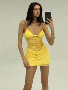 Nuevo vestido camisero romántico y sexy con cuello en pico, contraste de malla brillante y shorts, mini vestido anti-destellos - Amarillo - Ver 4