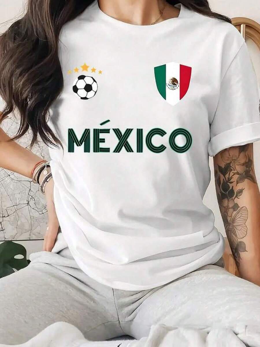 Camiseta de Mujer con Patrón de Bandera Mexicana y Fútbol - Tejido Elástico Transpirable, Cuello Redondo Suelto de Manga Corta, Ropa para Fanáticos Mexicanos, con Colores y Logo del Equipo Nacional de México, Adecuada para Todas las Estaciones, Lavable a Máquina, Ajuste Cómodo, Adecuada para Uso Diario y en JuegosRopa De Mujer / Ropa De Mujer De Uso Diario / Blusas, Camisas Y Camisetas De Mujer / Camisetas De Mujer Ropa Deportiva Basicos Mujer Short Playeras Para Hombre - Blanco - Ver 1