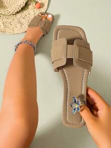 Ximi Ruo Wide Fit Rhinestone Embellished Comfortable Slide Sandals, Korean Casual Flat Slippers For Women, Open Toe Summer Outdoor Beach Woven Roman Sandals, Suitable For Dresses, Beach, Casual Wear - Apricot - View 4