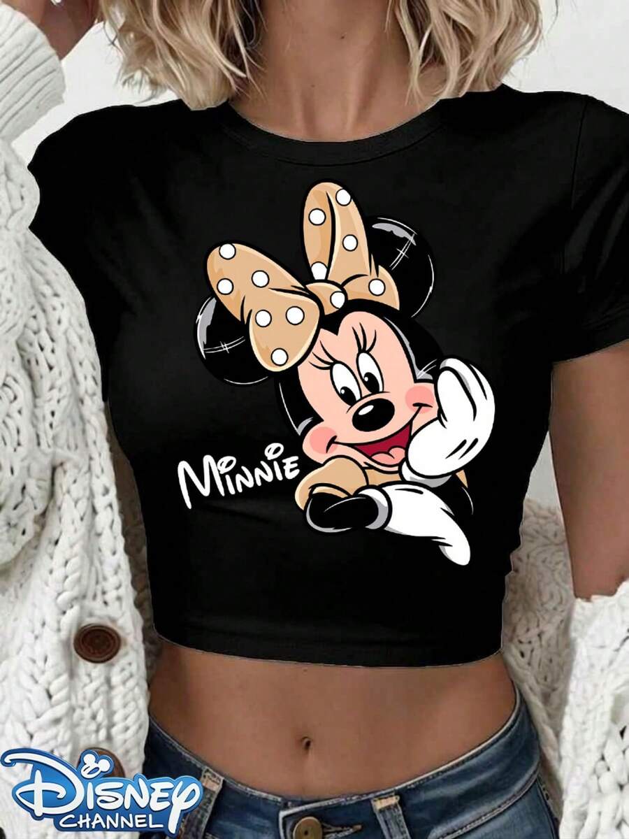 Genuine Disney New Cute Minnie Mouse With Polka Dot Bow Print Design, Ladies' Casual Short T-Shirt With Round Neck And Slim Fit, Basic Polyester Fiber Tops In Summer Are Versatile For Everyday Wear, Comfortable And Loose, Ideal For Giving Her A Perfect Gift, Washable, Holiday Outfits For Women Festival Outfits Women Lineshirt Women White Top.The Sizing Runs Small; If You Prefer A Loose Fit, Please Choose One Size Up. - màu đen - Xem 1