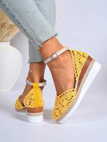 Giày sandal đế xuồng bằng vải lanh mới mùa hè dành cho nữ, sandal đế dày kiểu La Mã đan rỗng với quai điều chỉnh được. - Màu vàng - Xem 4