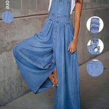 Women's Casual Long Denim Overalls With Straps And Pockets Wide Leg Jumpsuit Woven Fabric Inelastic Fabric, Comfortable In All Seasons | Christmas Party Atmosphere Items - Azul lavado medio - Ver 1