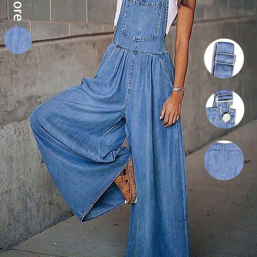 Women's Casual Long Denim Overalls With Straps And Pockets Wide Leg Jumpsuit Woven Fabric Inelastic Fabric, Comfortable In All Seasons | Christmas Party Atmosphere Items - Azul lavado medio - Ver 1