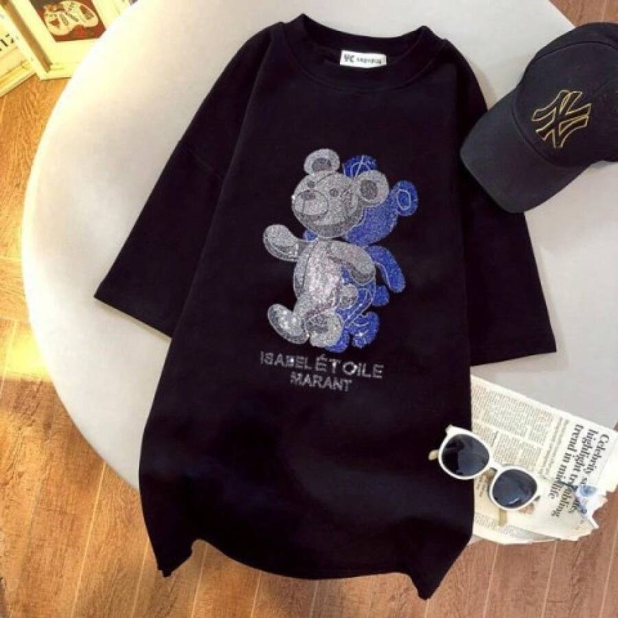 Camiseta de algodón puro de 200g, negra y blanca, con apliques de diamantes de imitación y diseño de oso, para mujer, nueva colección de verano 2024, de manga corta y longitud media. - Blanco - Ver 1