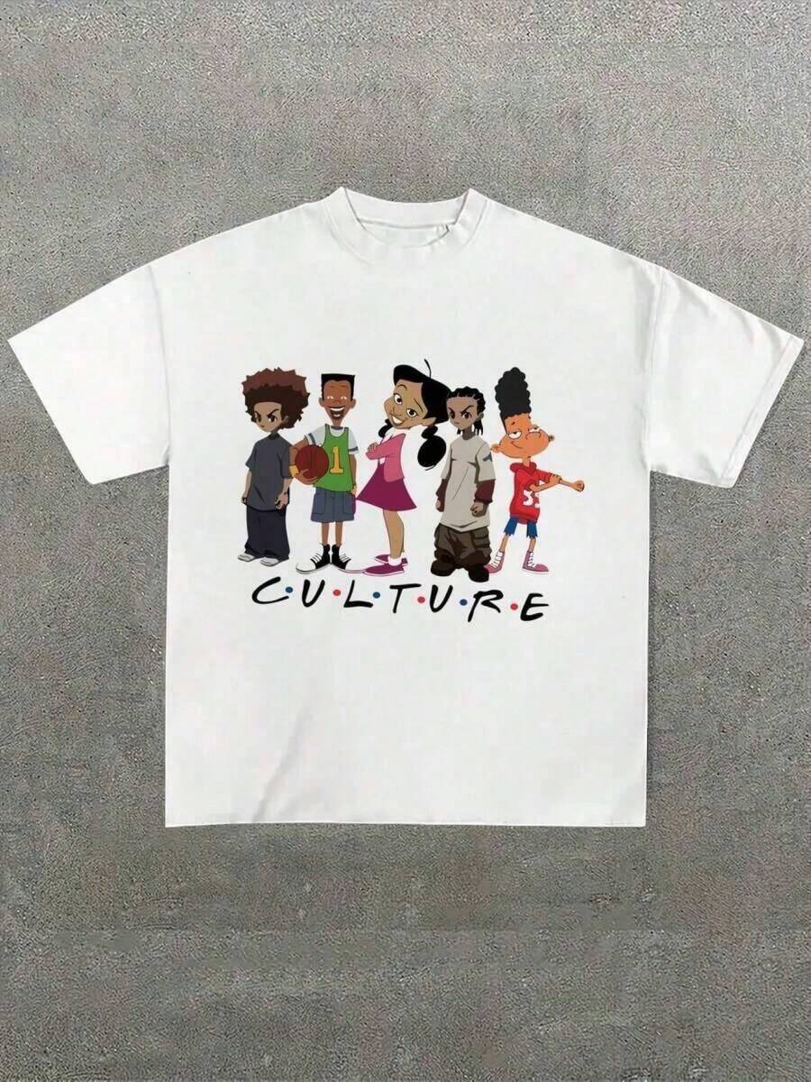 T-Shirt With Proud Family Cartoon Character Graphic Print (1 Piece), 100% Cotton, Casual Print, Crew Neck, Short Sleeve, 180g Cotton T-Shirt RMKU TCUQ - 白色的 - 查看 1