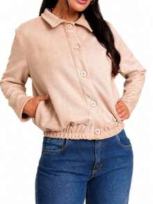 Women's Bomber Jacket, Long Sleeves, Suede, Pockets, Fashion. - 米色 - 查看 2