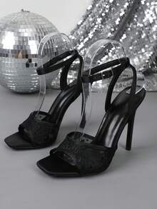 Spring/Summer Fashion Square Toe High Heel Slip-On Mesh Sandals - Black - View 10