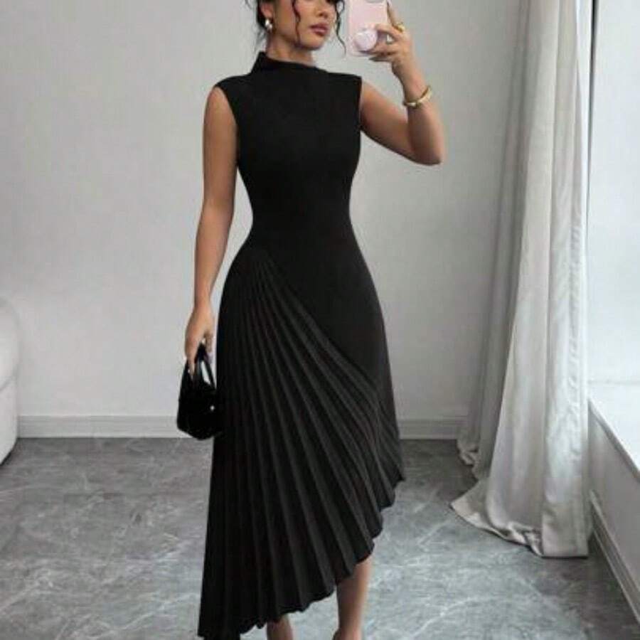 Elenzya Women's Elegant Fashionable Commute Casual Vacation Charming Party Sleeveless Asymmetric Collar Cinched Waist Fitted Uneven Hem Patchwork Solid Color Dress - Negro - Ver 1