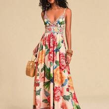 TRVLCHIC Women's V-Neck Maxi Woven Dress With Floral Print, For Spring/Summer Resort,Summer Outfits For Women,Beachwear,Easter,Beach Outfits For Woman,Spring Break,Vacation Outfits Women, Suitable For Holiday , Afternoon Tea, Wedding Season, Beach Cruise Vacation, City Road Trip Vacation, Boho Vacation, Music Festival , Beachwear, Easter, Beach Outfits For Woman, Elegant Dress For Women, Vacation Outfits Women, Concert Outfit Women, Tropical Vacation Woman Clothes, Holiday Outfits, Bohemia - Blanco - Ver 8