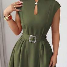 Elenzya Women's Elegant Casual Commute Vacation Afternoon Tea Valentine's Day Party Solid Color Keyhole Neck Sleeveless Waist Ruched Buckle Belt Flared Hem Pockets Dress, Spring/Summer Long Dress With Pocket Women's Dress Formal Wear High Quality Dress Wommen Dress Women Dresses Elegant Classic - Negro - Ver 11