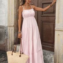 PariChic Women's French Style Vacation Spaghetti Strap Frill Trim Waist Fitted Long Textured Yellow Dress, Spring/Summer Yellow Maxi Dress Women Women Vacation Dress Yellow Sundress Women Long Sundress - Verde militar - Ver 11